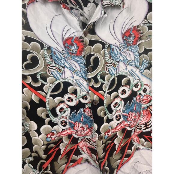 DEH XL Japanese Oni Demon Graphic Button Up Shirt Short Sleeve - Picture 8 of 8